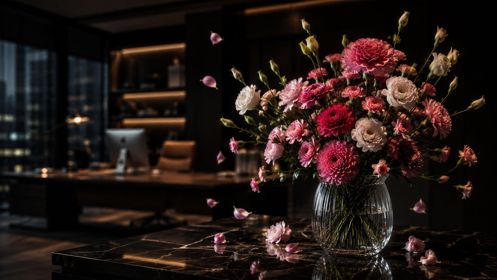 Placeholder — styled interior photograph featuring a Petalique arrangement